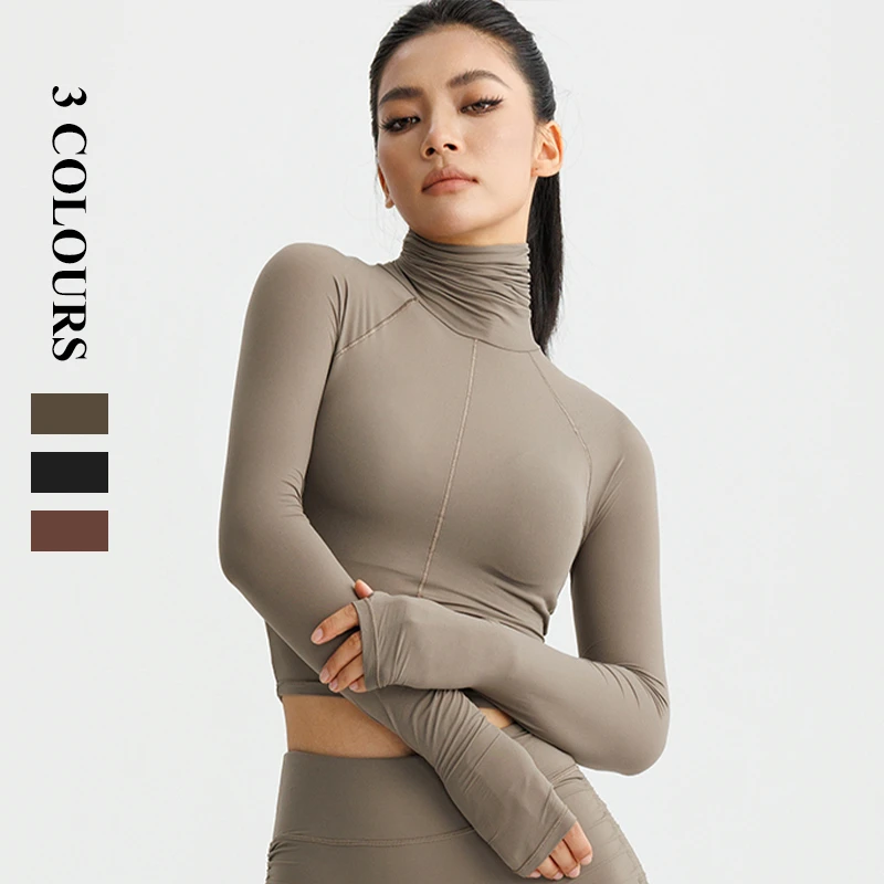 Explosive Models Short Nude Feeling Quickly Dry Pleated High Collar Longsleeve Sportswear for Women Running Fitness Yoga T-Shirt