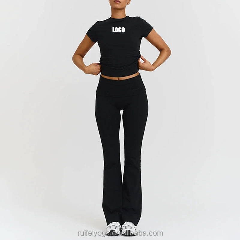 Custom Logo Short Sleeves Slim Fit Gym Tee Cotton T-Shirts Wide Leg Fold-over Yoga Pants Flared Leggings 2 Pieces Women Yoga Set