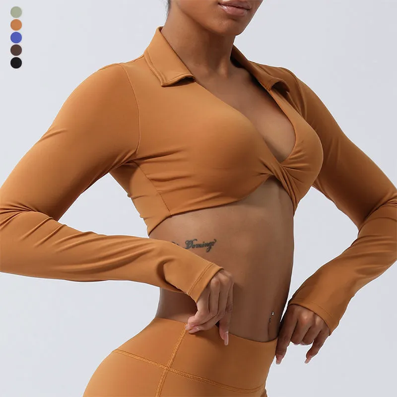 JY Naked Yoga Clothing Women Deep V Polo Neck Front Twist Sports Yoga Bra Long Sleeve Outdoor Running Fitness With Thumb Holes
