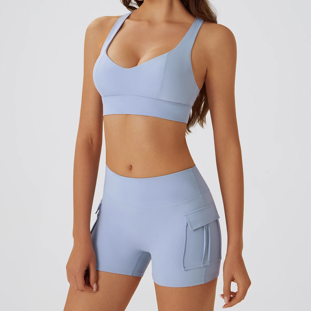 TZ061 Sportswear Set Women's Hollow-Out Back Sports Bra & High Waist Cargo Shorts Yogowear High Support Spandex/Nylon Outdoor