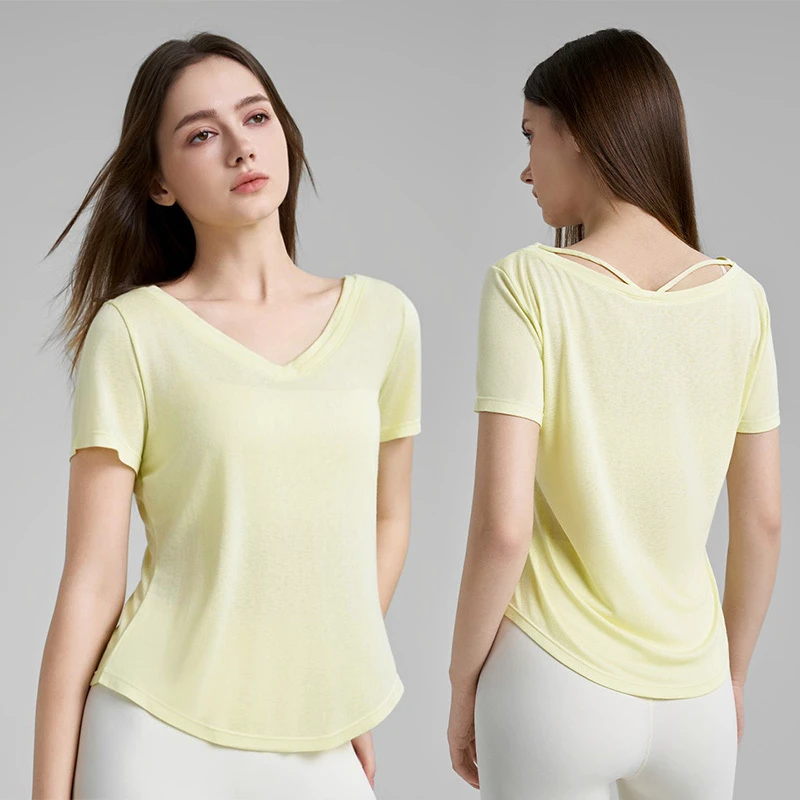Roregal 2025 New Regenerated Fiber Double Layer V-neck Sports T-shirt Women's Fitness Loose Breathable Yoga Short Sleeve