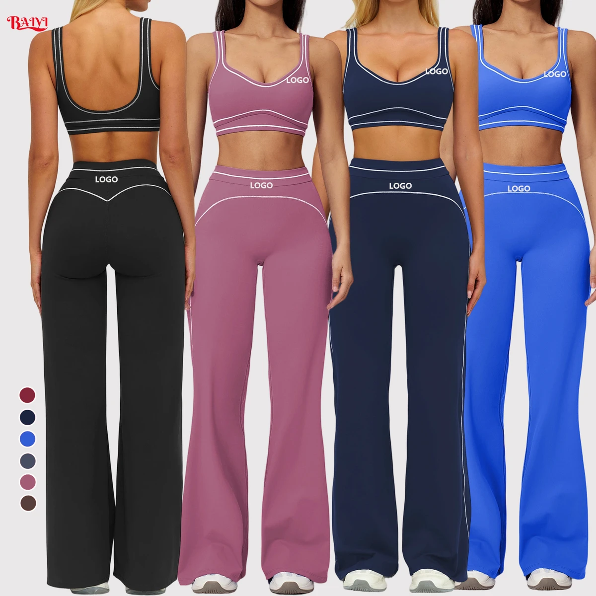 Custom Logo Women Yoga Workout Set 2 Piece Seamless High Waist Wide Leg Pants Sports Bra 4 Way Stretch Private Label Gym Fitness