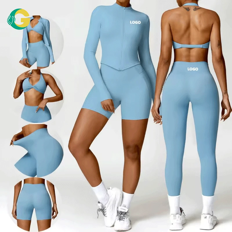 Gym Clothing Active Wear Yoga Bra and Shorts Set Halter Tight Fitting Short Top Casual Fitness Trousers High Waist 4-Piece Suit