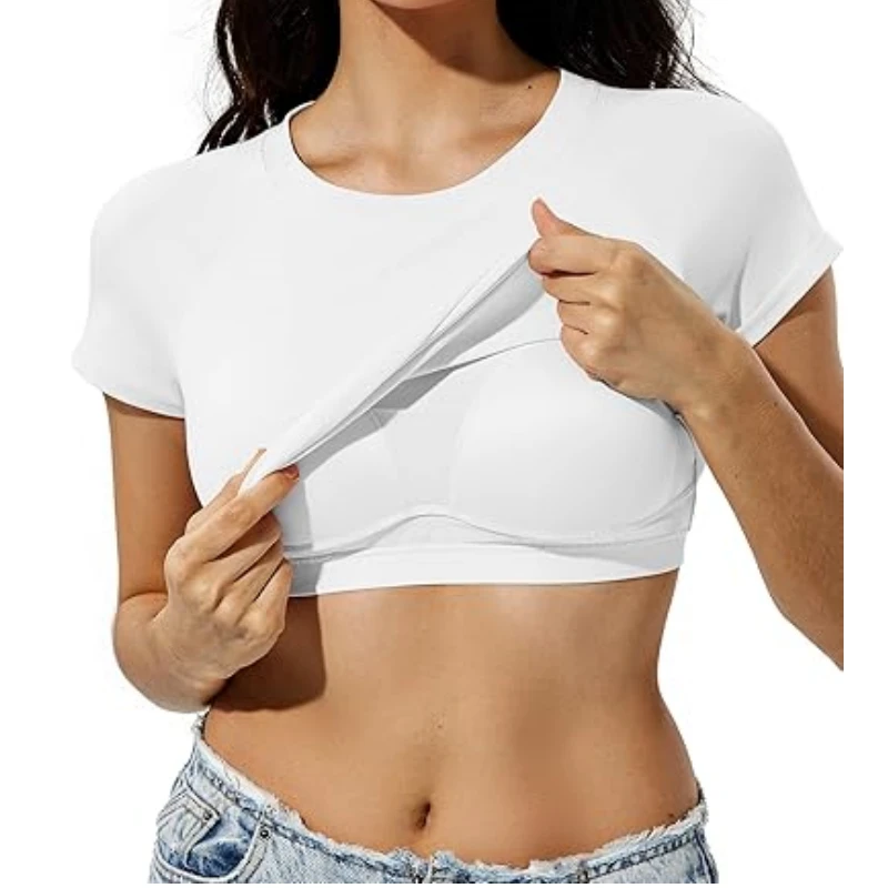 High Quality Built In Bra Top Screen Printed Tees Custom Polyester Spandex Crew Neck Short Sleeve Casual Cropped T Shirt