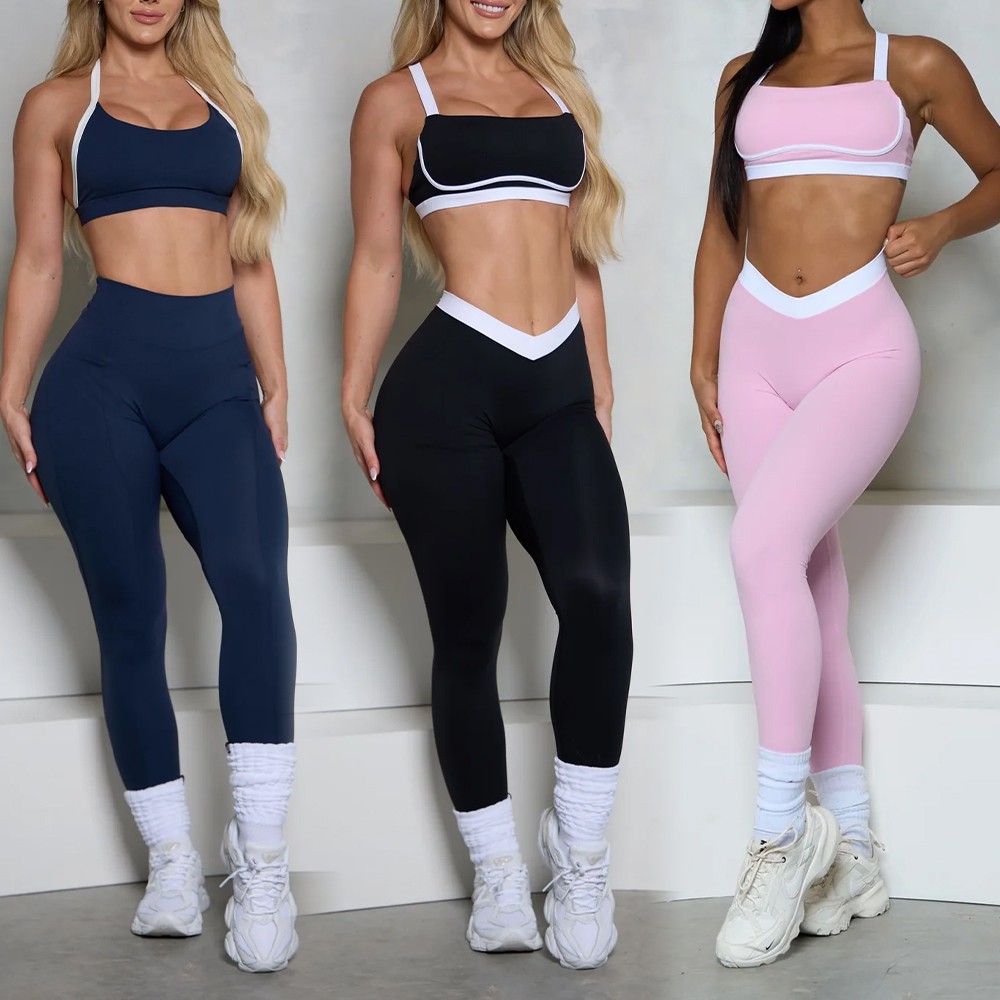 Custom Fitness Light Pink Tall Women Sportswear 2 Pieces V-Waist Yoga Workout Sets for Women