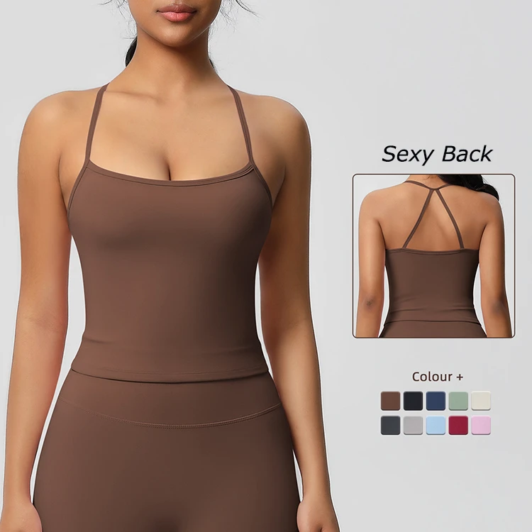 Women Two Side Brushed Solid Color Yoga Tank Top Tight Compression Sexy Back Longline Sports Bra Running Gym Wear Yoga Top