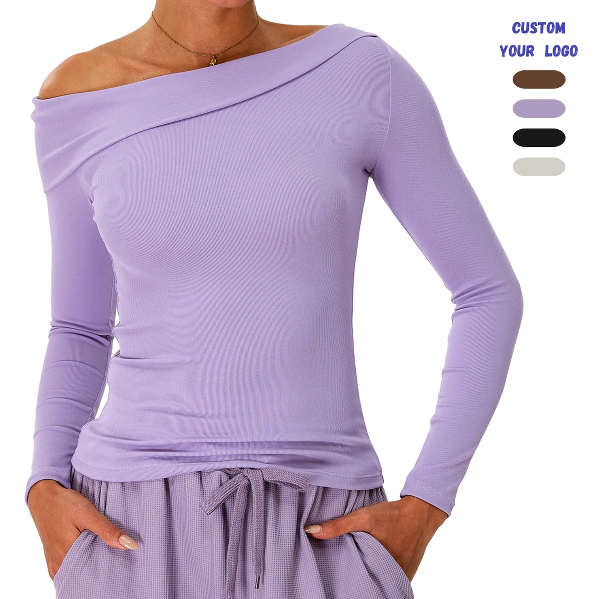 Women Ribbed One Shoulder Yoga Top Long Sleeve Naked Feel Slim Fit Activewear T Shirt High Stretch Workout Top for Gym Running