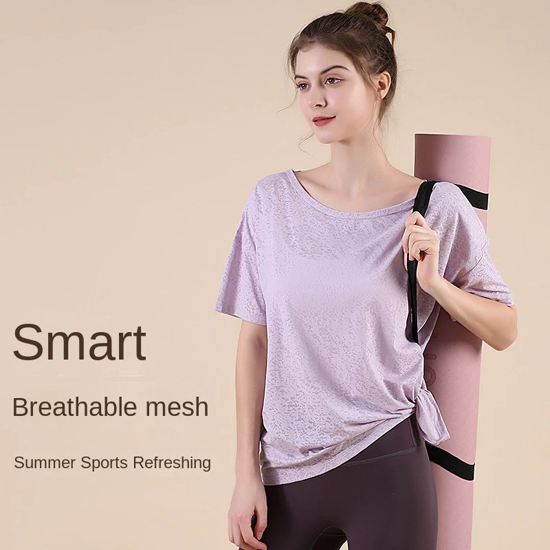 Summer New Quick-drying Floral Mesh Blouse Women's Loose Breathable Neck Sports Short-sleeved Top Fitness Outer Wear Yoga