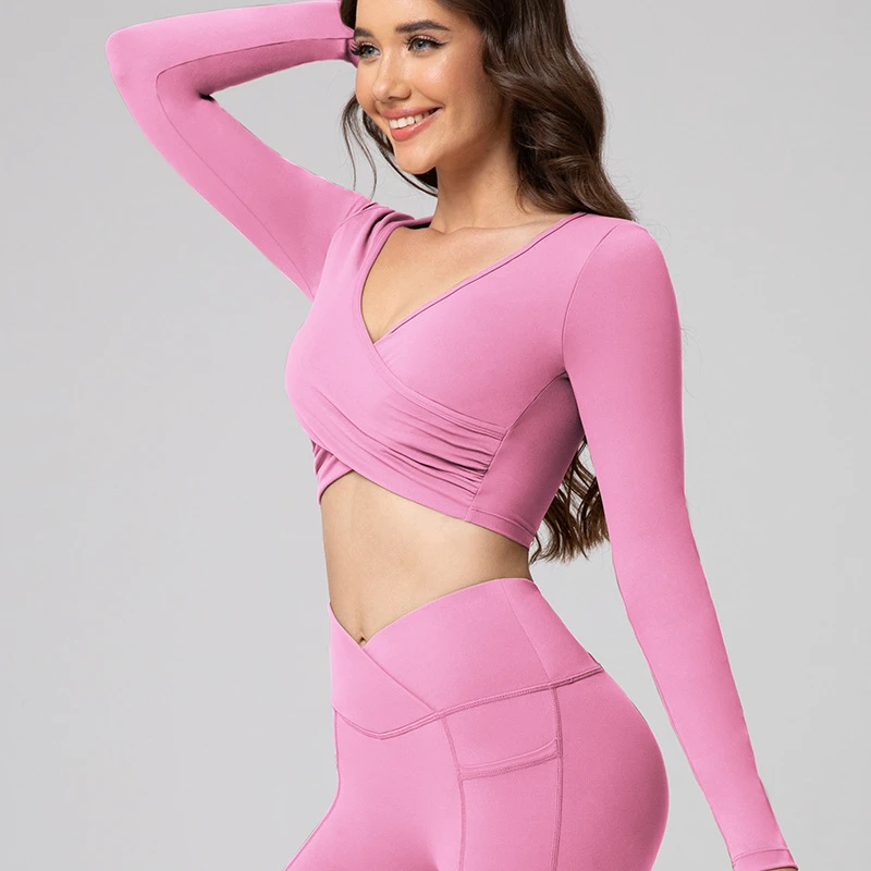 Sexy Cross Deep V Short Style Leak Waist Solid Color Fitness, Sports and Leisure Long Sleeved Yoga Suit Top for Women