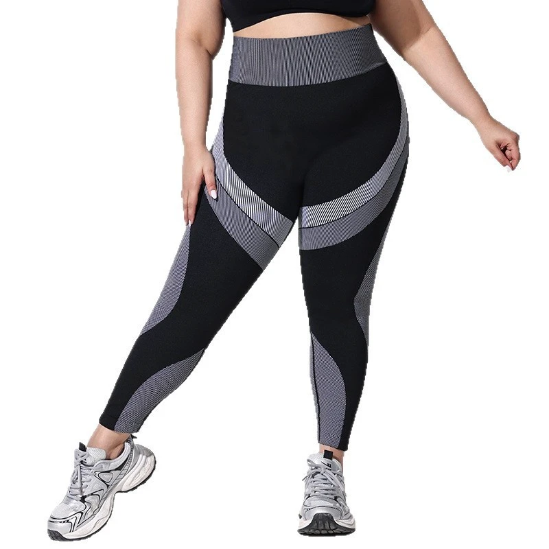 Plus Size Breathable High-Waisted Color-Block Yoga Pants Women Slim-Fit Butt-Lifting Seamless Full-Length Striped Nylon Spandex