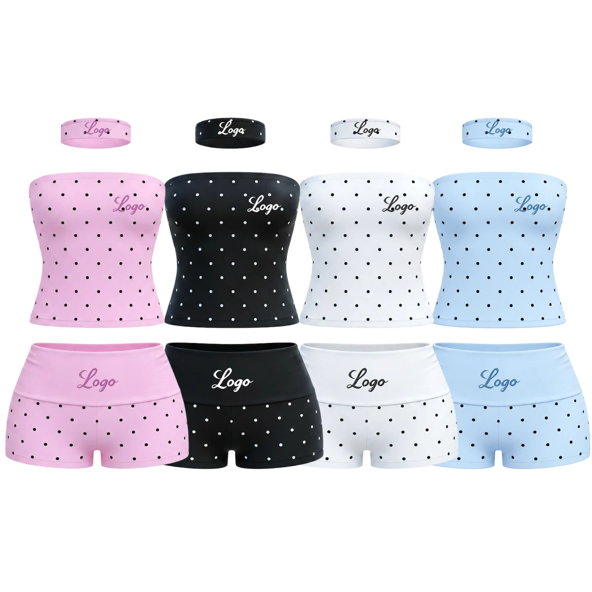 OEM Custom Logo Women's 3 Piece Yoga Set Polka Dot Strapless Tube Top and Tight Shorts with Headband Y2K Sporty Athletic Outfit
