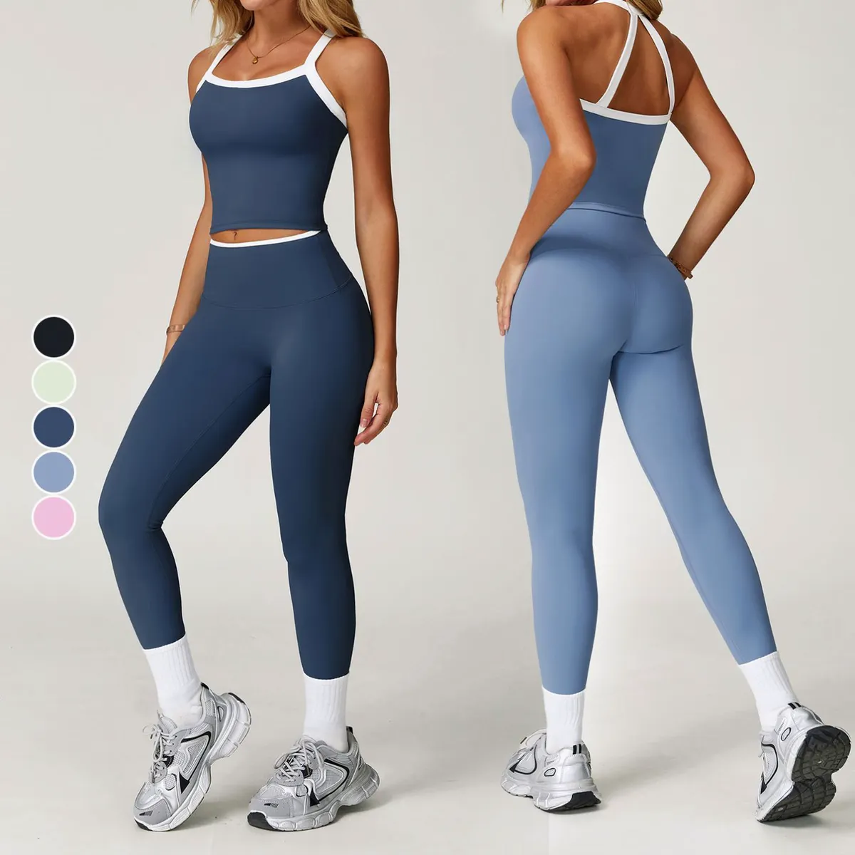 Women's Yoga Sets Nude Cross Back Tight Yoga Suit Contrast Color Sports Fitness Workout Clothing