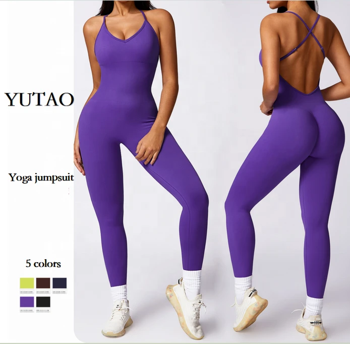 Women Seamless Gym Jumpsuit Adjustable Thin Strap Sports Leggings Set Workout Playsuit Backless Cross One Piece Yoga Suit