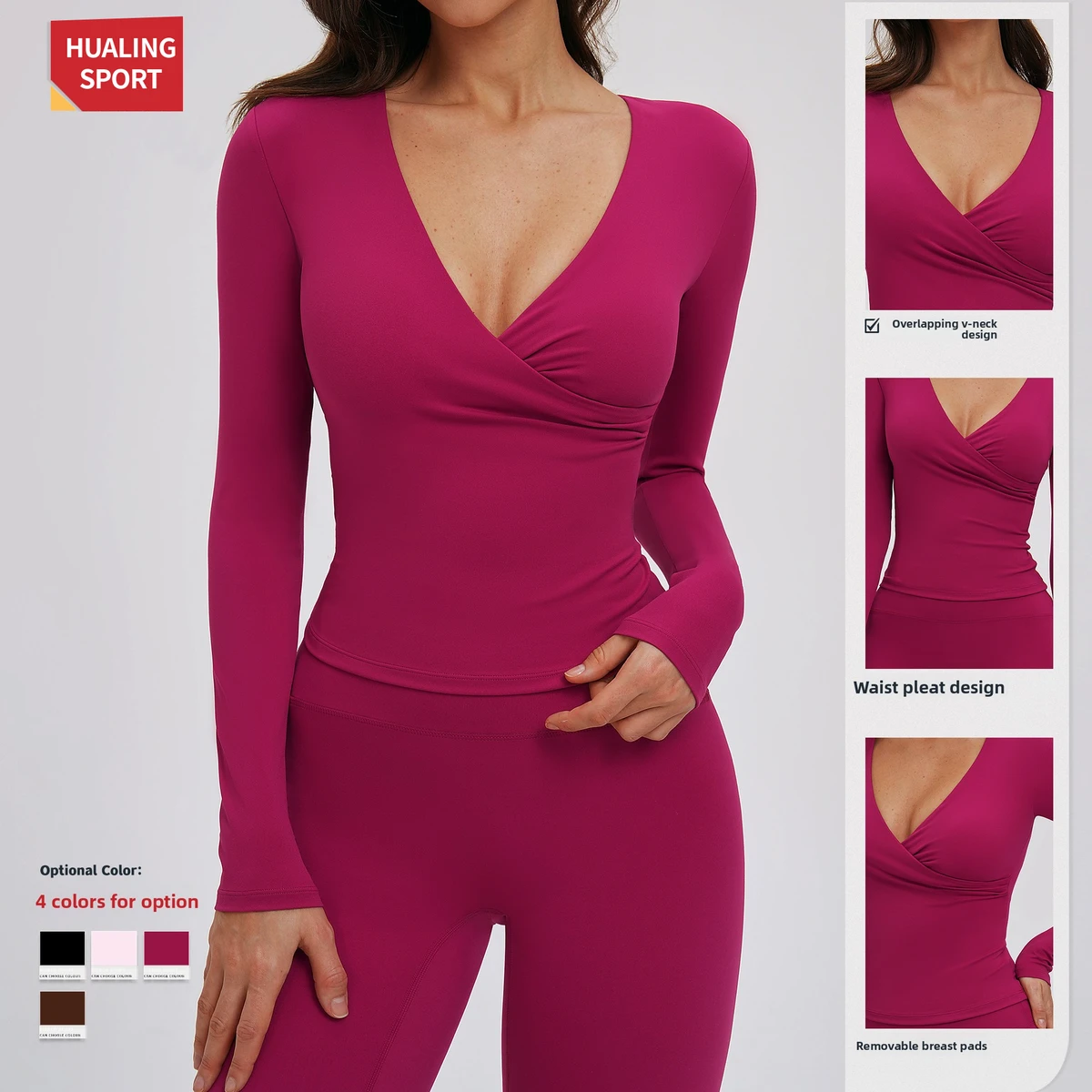 Long Sleeve V-Neck Yoga Top for Women, Brushed Nylon Spandex Slim Fit Workout Shirt for Running & Pilates Training