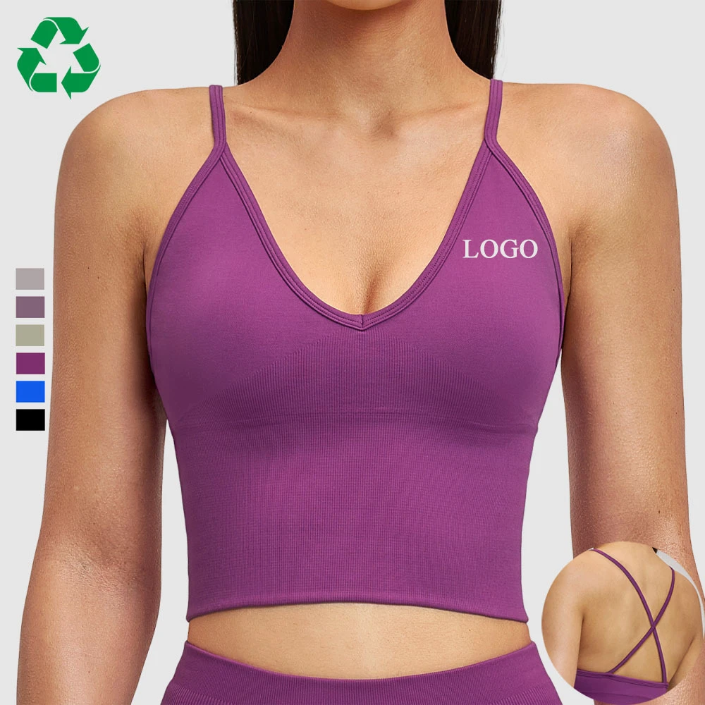 Custom Sustainable Recyclable Nylon Seamless High Stretchy Cross Back Yoga Bra Workout Tank Top Quick Dry Breathable Sports Bra