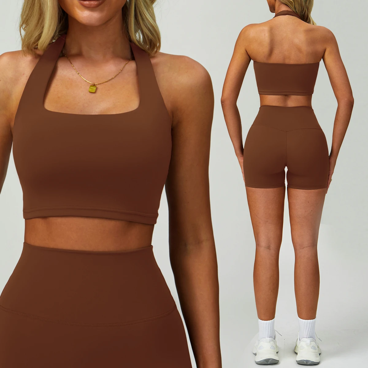 Beautiful Nude Sports Bra Back Halterneck Quick-Drying Yoga Vest Integrated Shockproof Breathable for Active Usage Medium