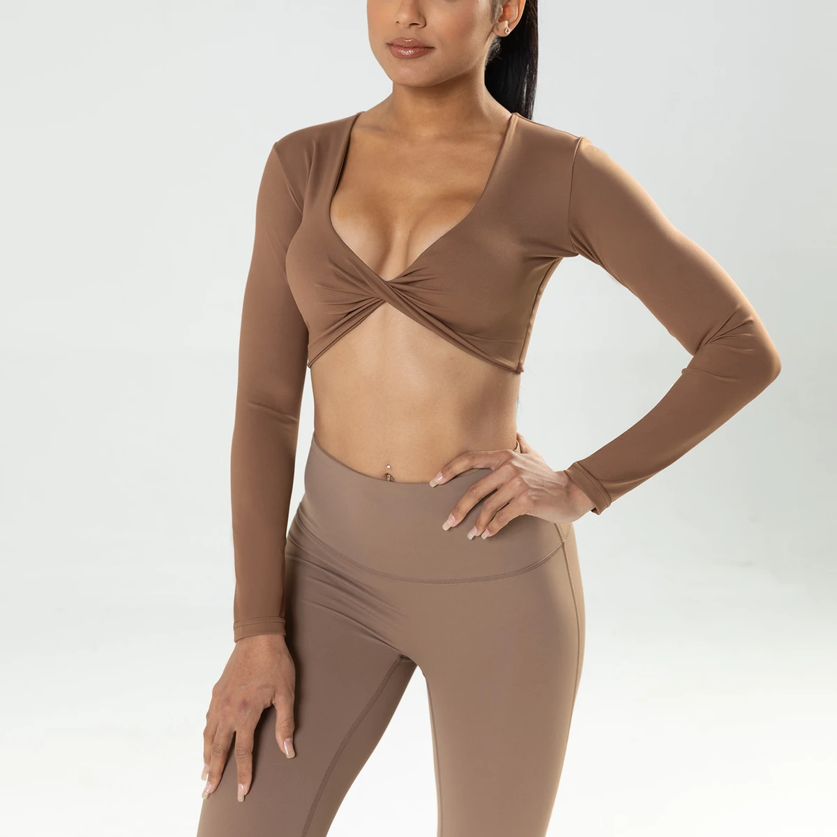 Women Deep V Neck Slim Breathable Sports Long Sleeve Short Cross Yoga Fitness Top