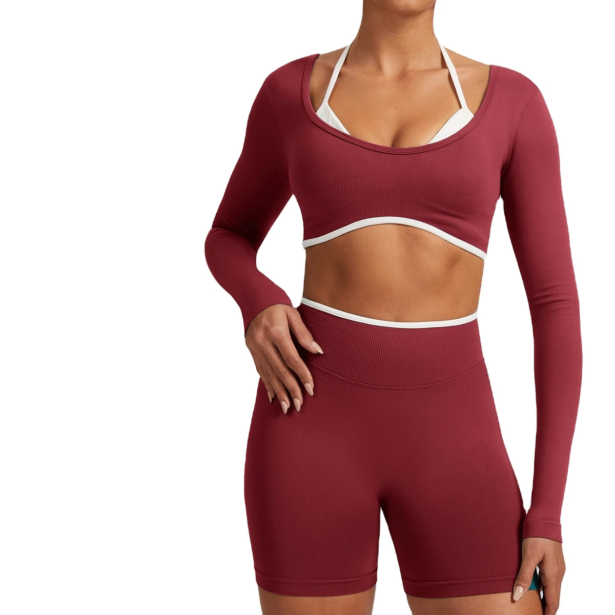 Women's Solid Sporty Long Sleeve Yoga Suit Two-Piece Above Knee Quick-Drying Skinny Fit Sportswear for Running Fitness