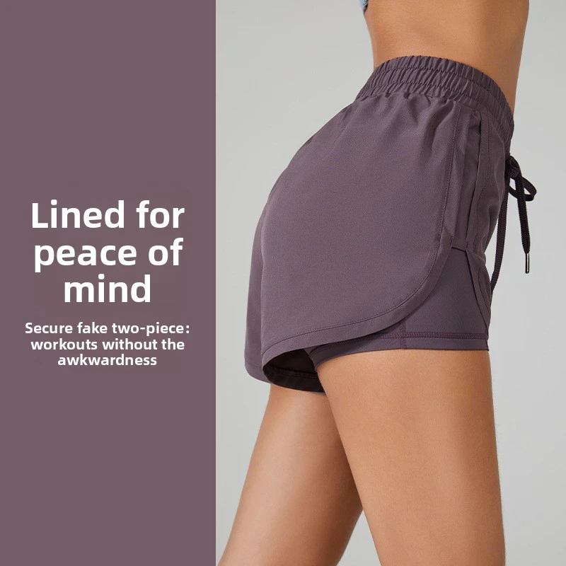 Womens High-Waisted Drawstring Athletic Shorts Breathable Anti-Exposure Faux Two-Piece Design Polyester/Nylon/Spandex Sporty