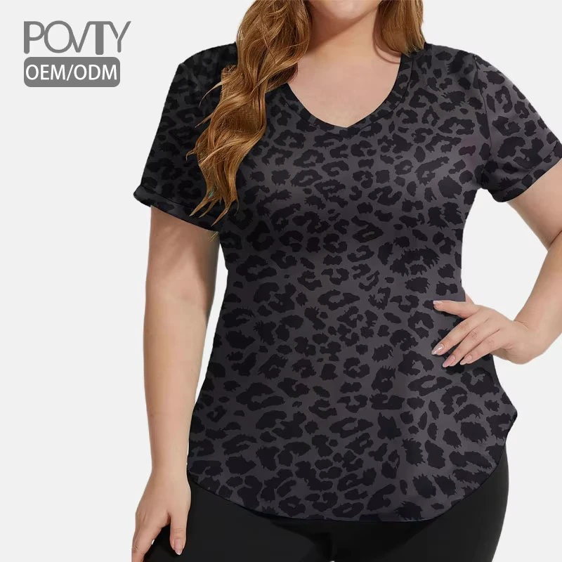 POVTY Custom Printed Women's Plus Size Casual Summer Running Knitted Short Sleeve T Shirts Loose Fit V Neck Workout Yoga Tops