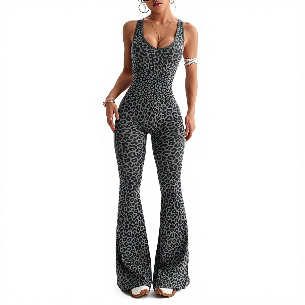 Leopard Print One-piece Yoga Suit Seamless Quick-drying Skin-friendly Pilates Outerwear High Elastic Slim-fit Spandex/Nylon