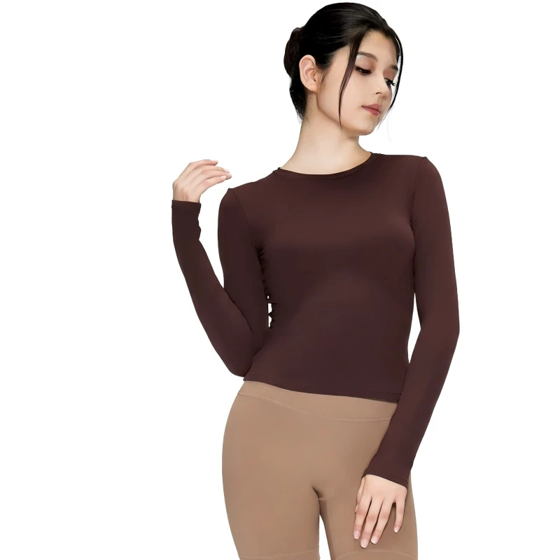Round Neck Long Sleeve Yoga Top High Stretch Tight-Fitting Yoga and Pilates Workout Shirt for Fitness Running and Layering