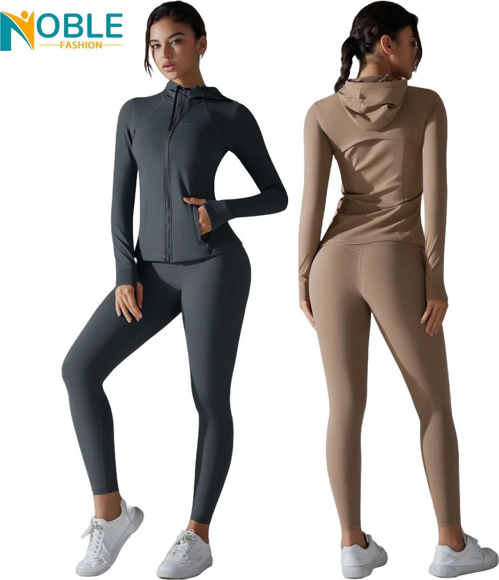 New Style Free Underwear Double-sided Brocade Yoga Clothing Suit Solid Color Zipper Hooded Sports Jacket Running Fitness Suit