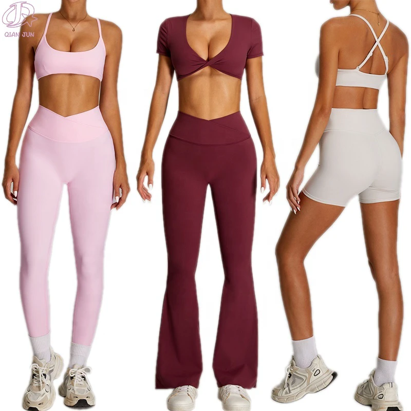 Wholesale Women's Running Gym Sets Solid Color Yoga 5-Piece Set Quick Dry Fitness Yoga Set