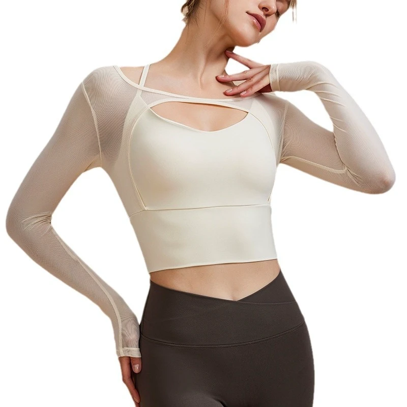 High-End New Style Long-Sleeved Yoga Top Breathable Fitness Sportswear with Elastic Waist Solid Pattern Sexy Fake Two-Piece Cut