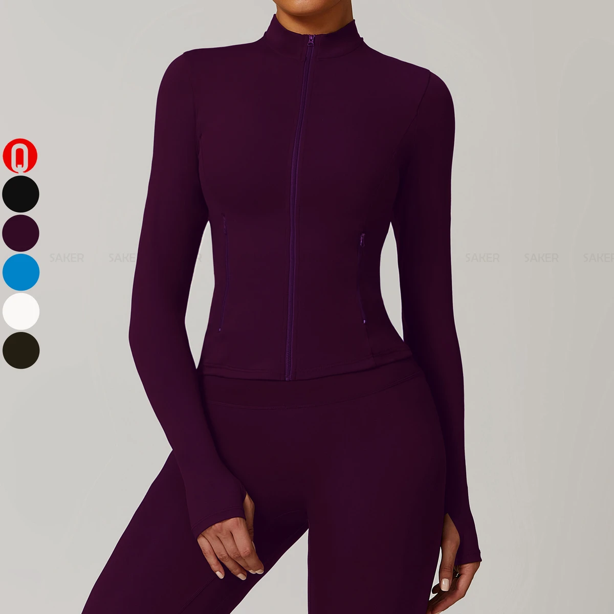 Wholesale Blank Women Stand Collar Long Sleeve Gym Top Fitness Thumb Hole Sports Yoga Jacket With Zipper Pocket