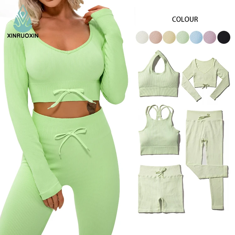 Ribbed Seamless Yoga Set for Women Fitness High Waist Leggings Set Running Long Sleeve Activewear 7 Piece Sports Yoga Sets