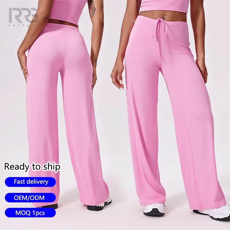 Roregal Antibacterial Hight Waist Drawstring Wide Leg Loose Sports Pants Elastic Casual Wear Yoga Pants