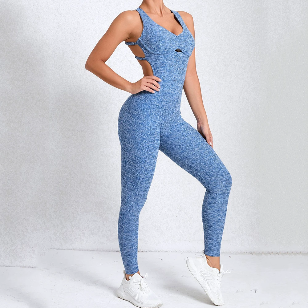 Wholesale Cross Adjustable Shoulder Strap One-piece Yoga Suit, Dance Peach Hip Sports Tight Fitting Jumpsuit for Women