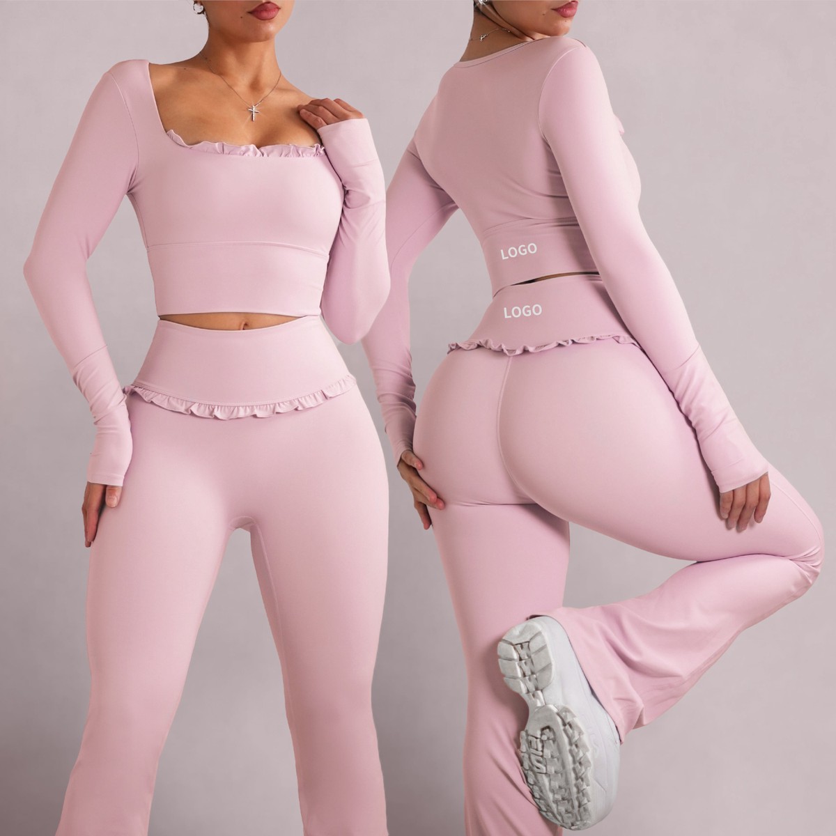 Custom Pink Yoga Set Womens Ballet Ruffled Long Sleeve Top and Butt Lifting Leggings Soft Comfortable Activewear OEM