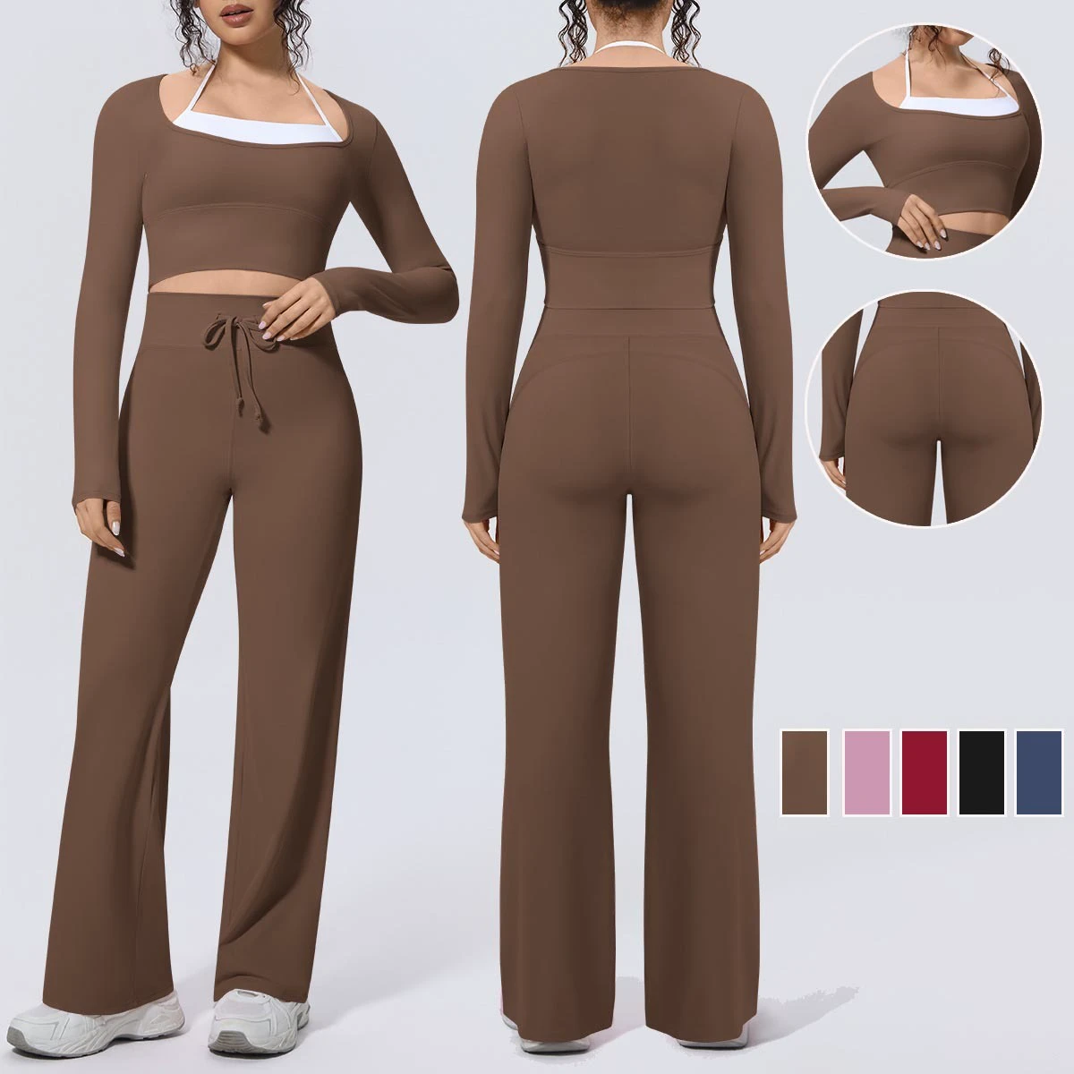 YIYI 2pcs Layered Halter Square Neck Crop Sports Set for Women with Paddings High Waist Drawstring Wide Leg Yoga Pants Set