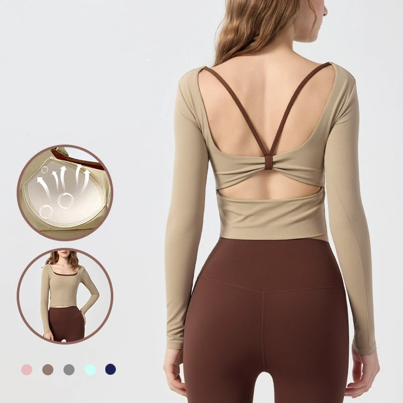 OEM Fitness Yoga Top For Women Sport Gym Top Running Long Sleeve Fitness Crop Top With Built-in Bra Pads