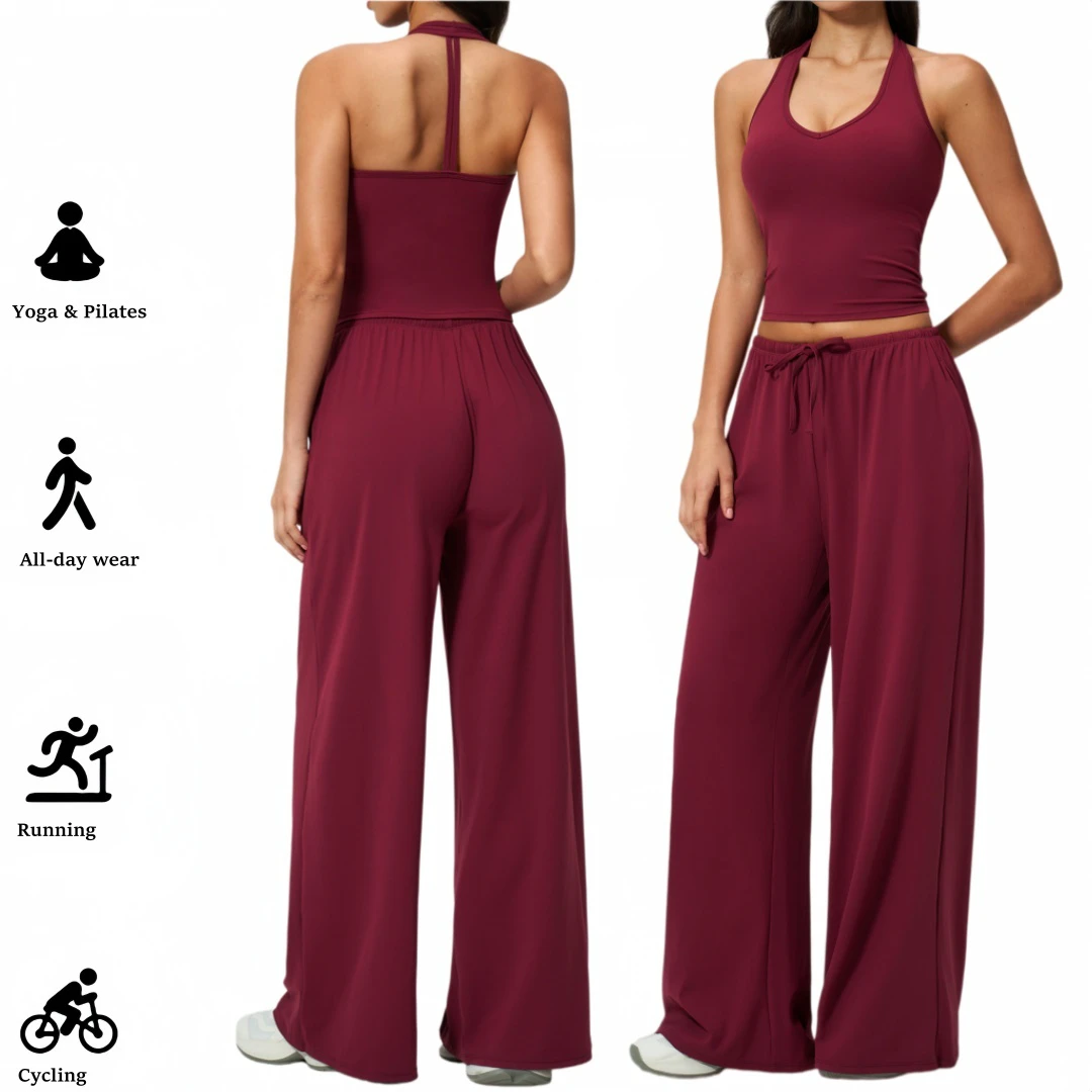 Women Outdoor Fitness Yoga Set Halter Neck Shockproof Top Quick Dry Loose Wide Leg Sports Long Pants