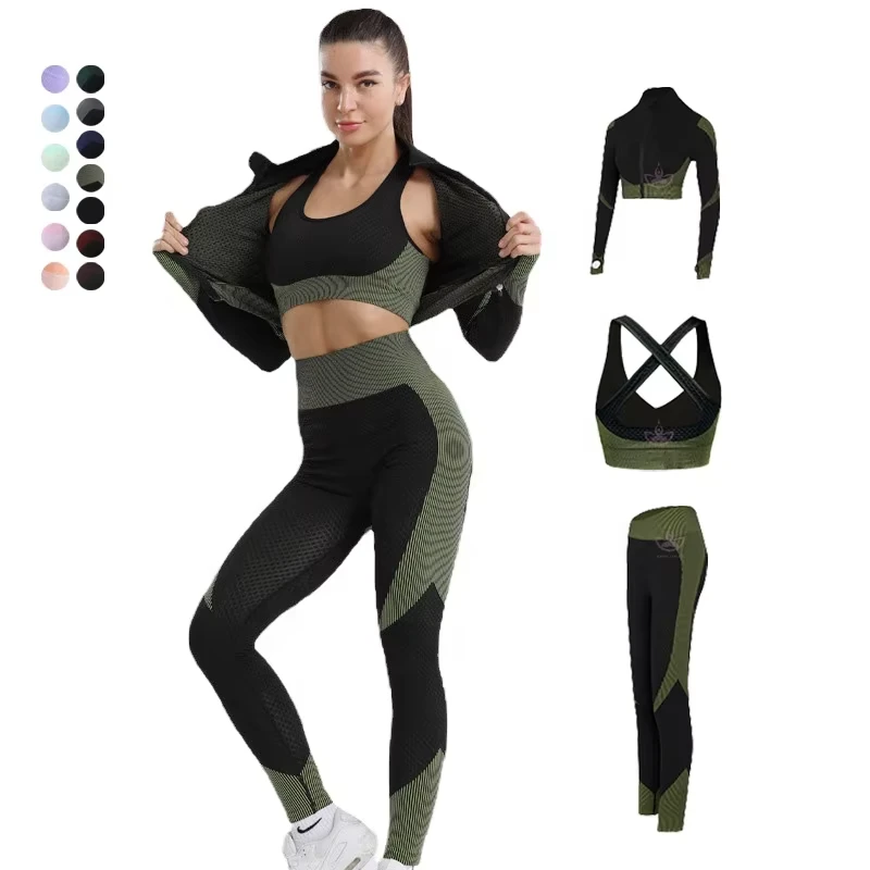 Fall and Winter Women 3 Piece Seamless Gym Fitness Set Workout Training Wear Yoga Leggings Sports Bra and Long Sleeve Tops Set