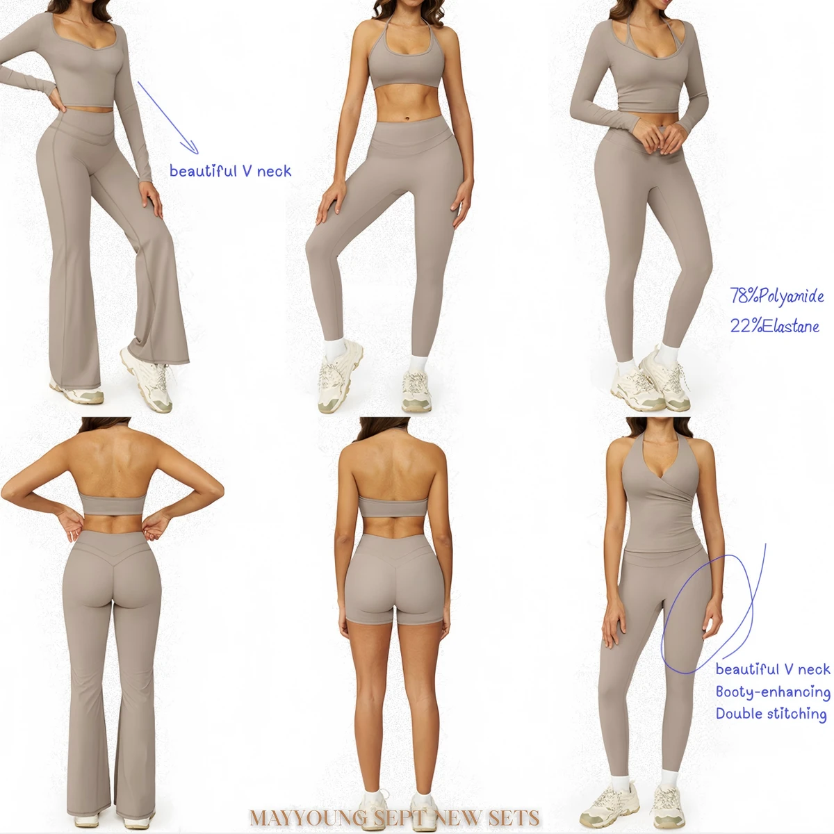 Custom Logo Solid Color Gym Fitness 5 Pcs Sets Women's Workout Pilates Yoga Sportswear Suit Plus Size Front Logo Position