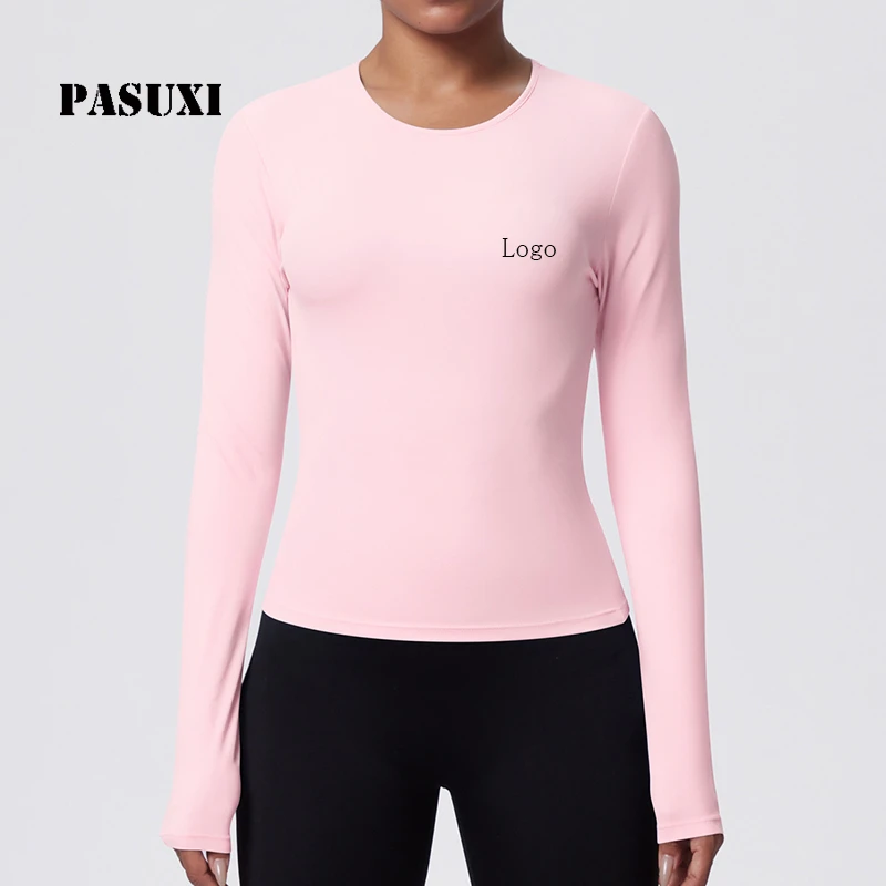 PASUXI Regular Fit Women's Sports T-Shirt Quick Dry Yoga Top Long Sleeve Breathable Workout Four-Way Stretch Front Print Gym Top