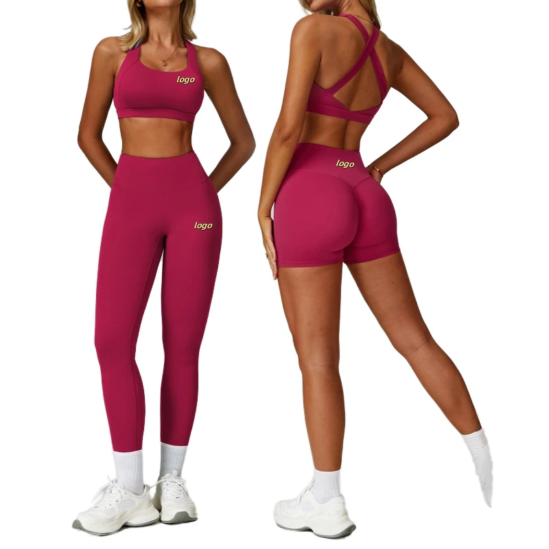 Customized High Waist Yoga Leggings 4-Piece Gym Fitness Sports Suit Quick Dry Breathable Activewear with Nude Solid Pattern