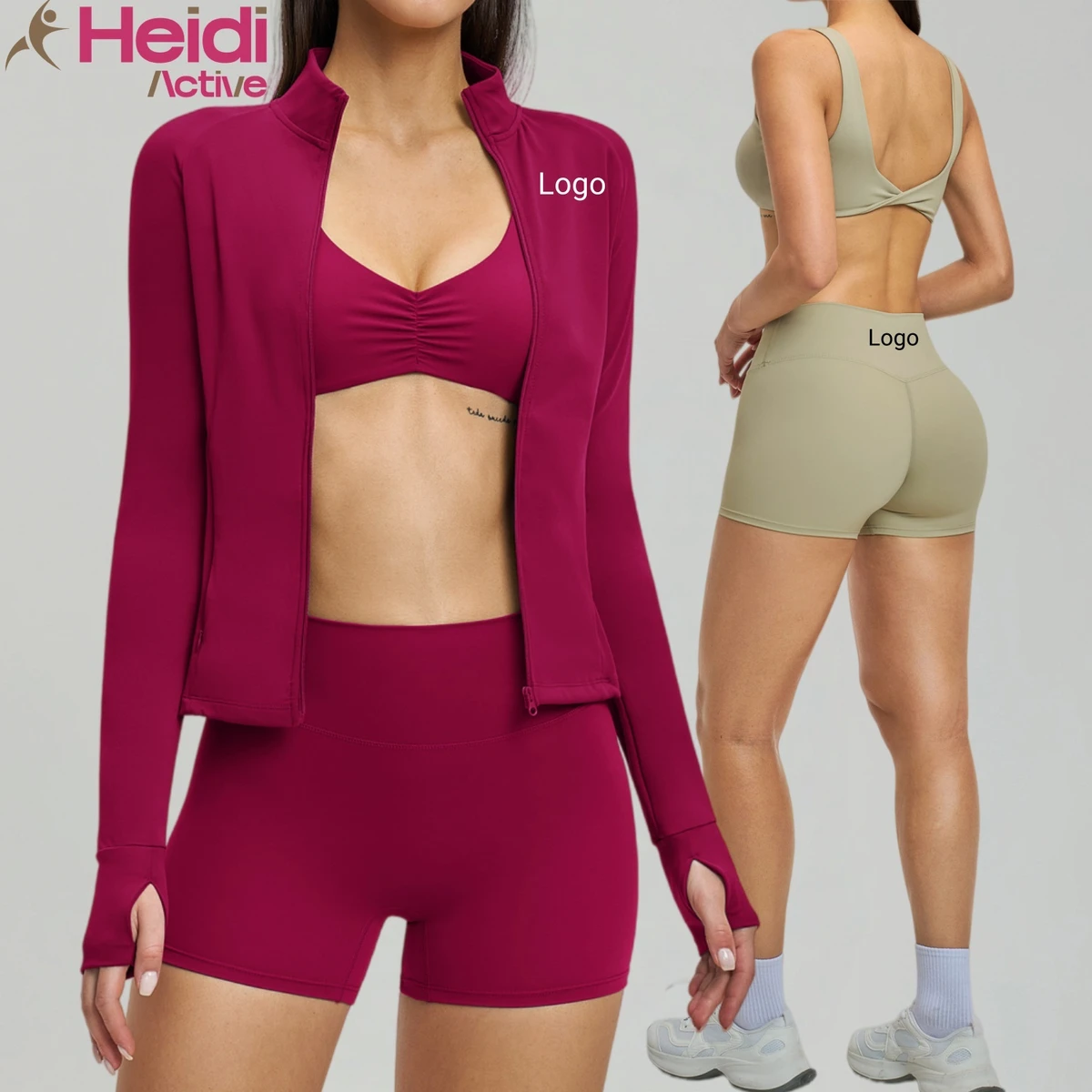 Best Quality Workout Clothes Set Knot Design Yoga Bra Long Sleeve Slim Fit Jacket Breathable Scrunch Booty Yoga Set 5 Pieces