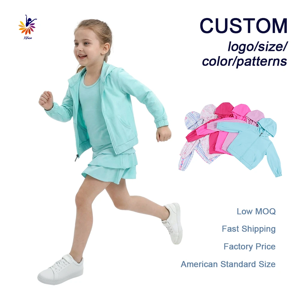 Girls Yoga 3 Piece Set Hooded Zip up Jacket Tank Top Skirt Built-in Shorts Slim Fit Custom Design Color Logo