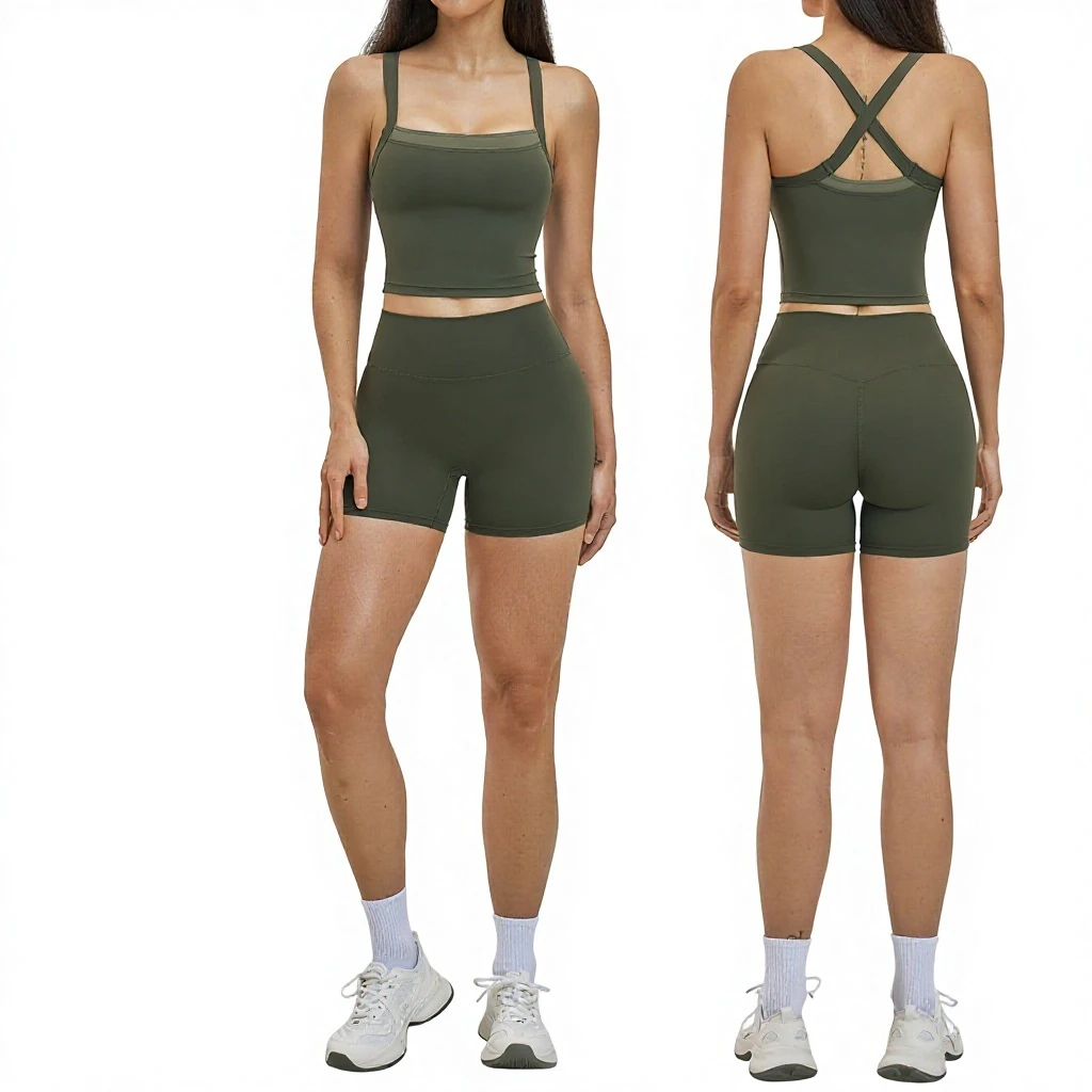 Nude-Feel Seamless Sweat-Wicking Crisscross Strap Yoga Gym Fitness 2-Piece Sports Bra and Bottoms Solid Pattern Set