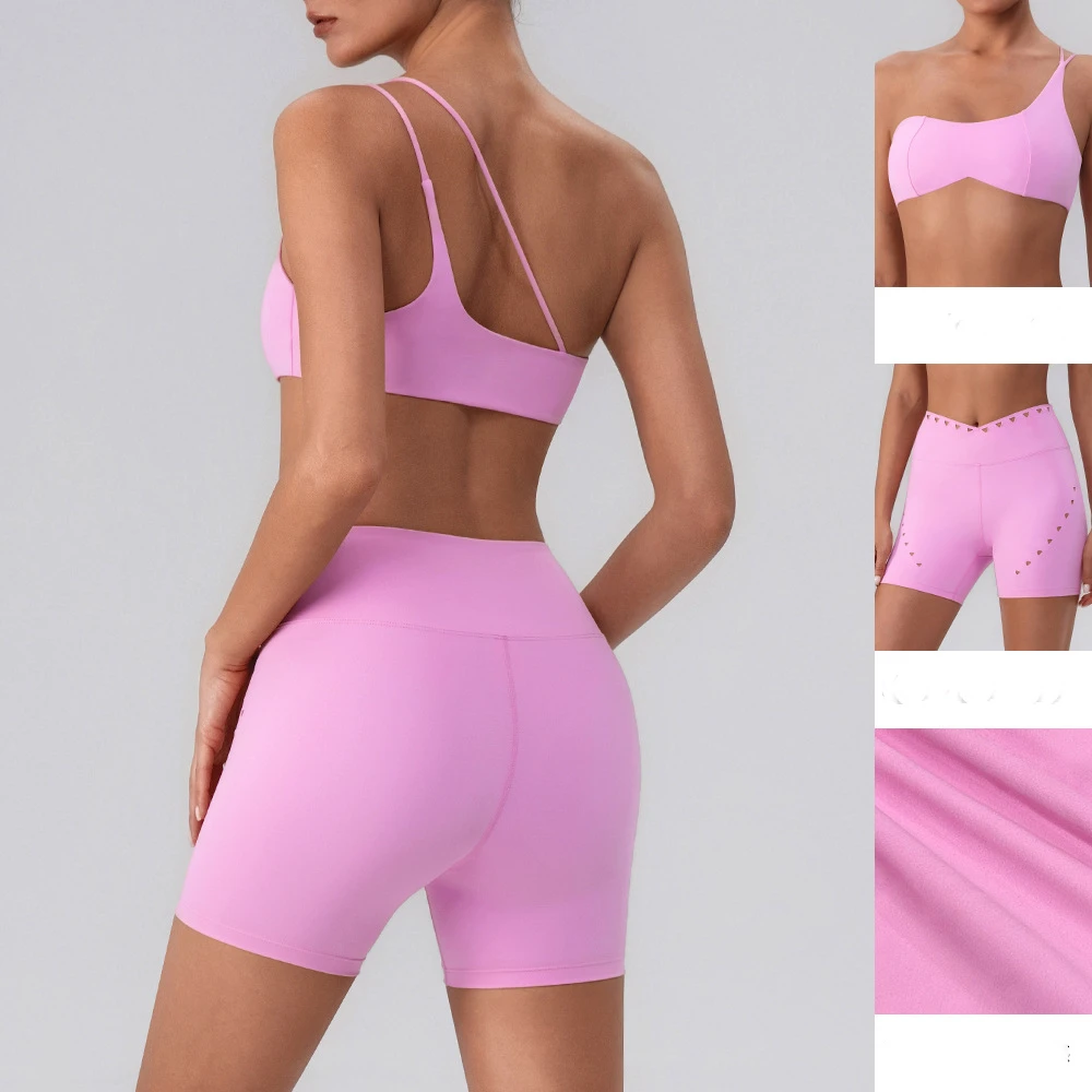 Quick Drying Herringbone Shoulder Top with Chest Cushion,seamless Yoga Suit Shorts,V-waist Two-piece Set