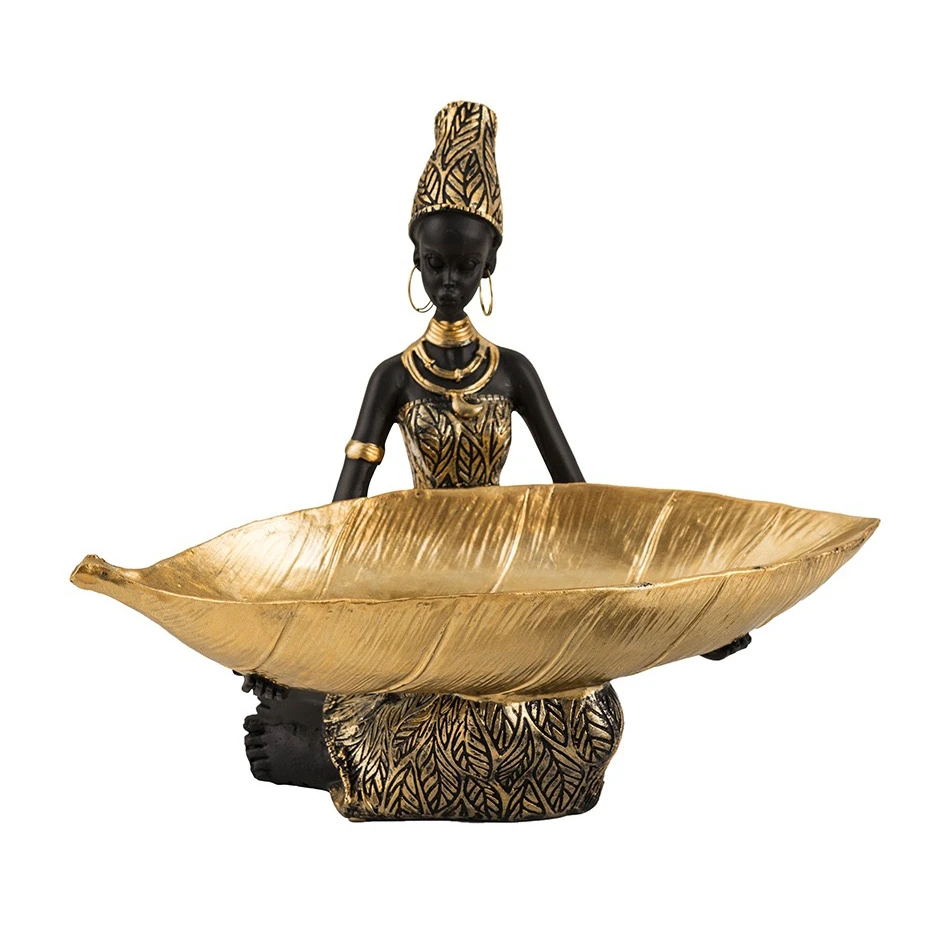 Decorative Objects for Living Room Resin African Black Woman Statue Fruit Plate Tribal Tray Storage Leaf for Table Decoration