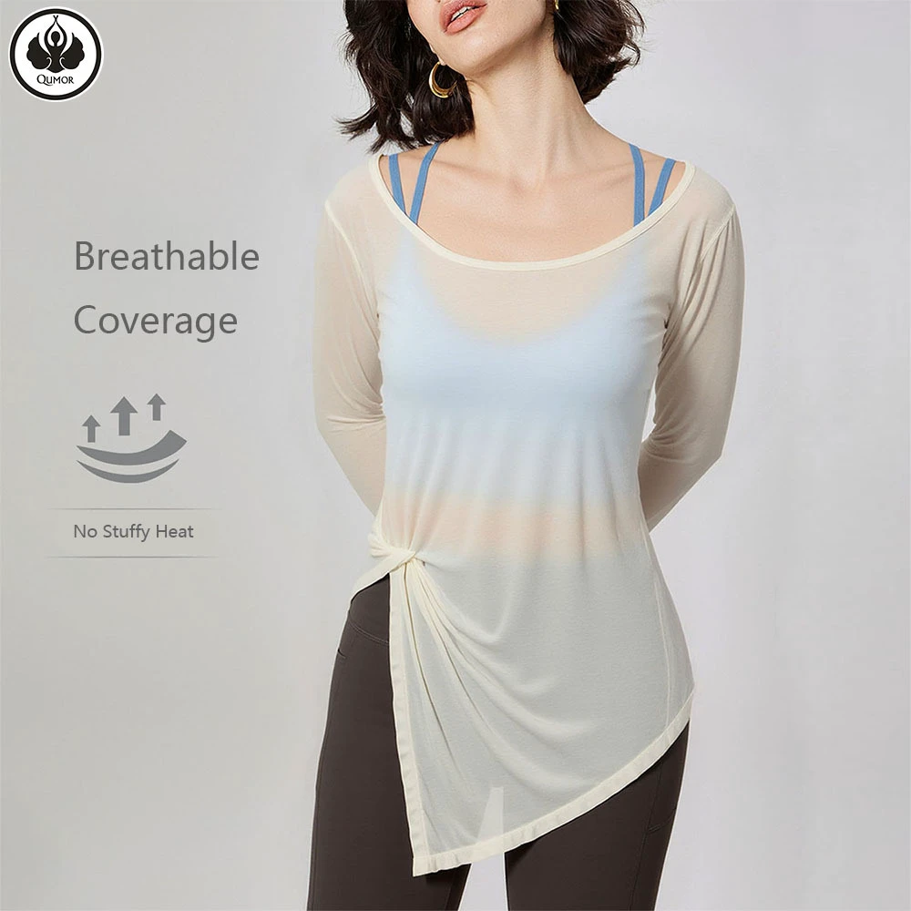 QUMOR 100% Polyester Breathable Lightweight Women's Quick-Drying Long Sleeve Yoga Blouse Loose Draping Meat-Covering Fitness Top
