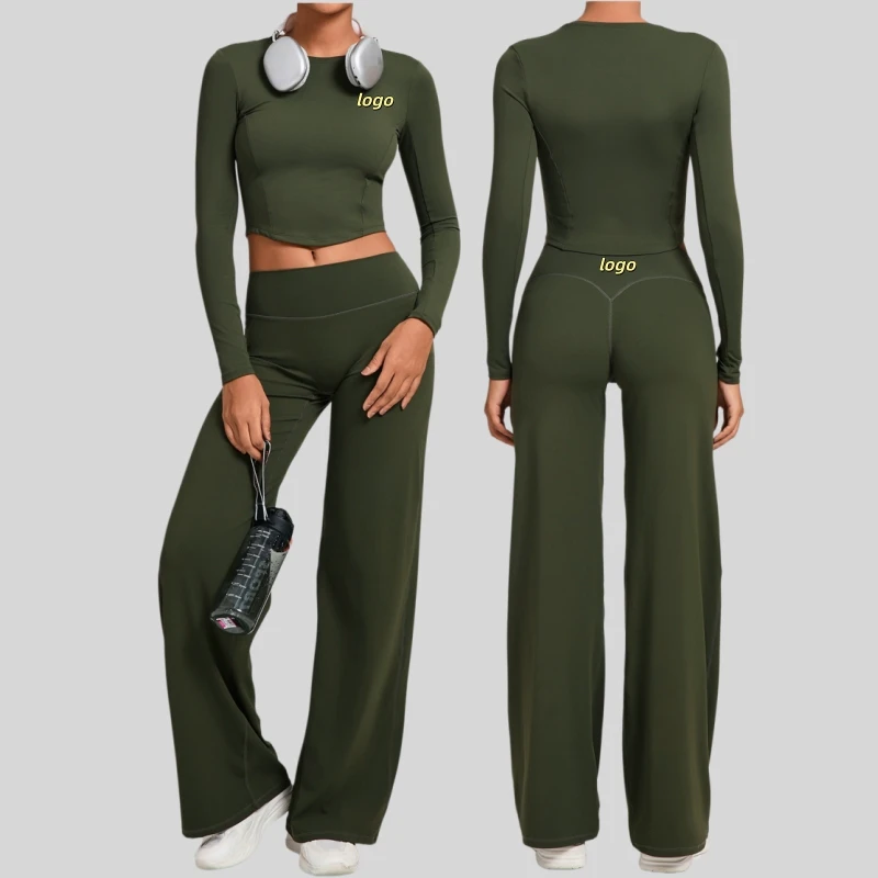 Custom logo Women High Waist Wide Leg Full Length Yoga Sets Crew Neck Long Sleeve Daily Sport Fitness Comfortable 2pcs Outfits