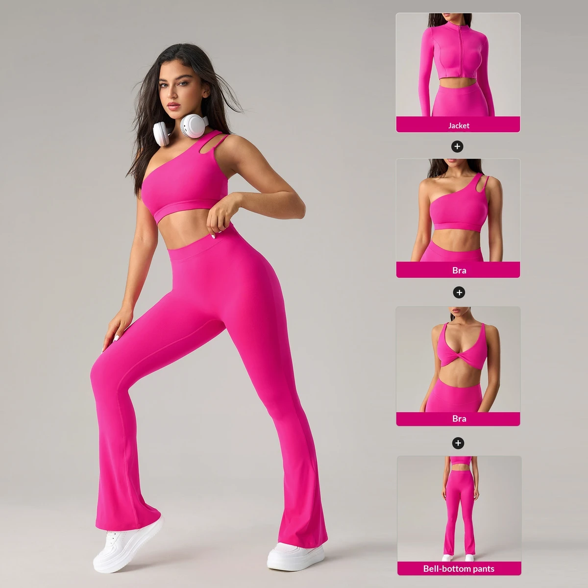 European American Style Solid Breathable Tight Hip-Lifting Yoga Pants Zippered Long-Sleeve Jacket Push-Up Sports Bra 2-Piece Set