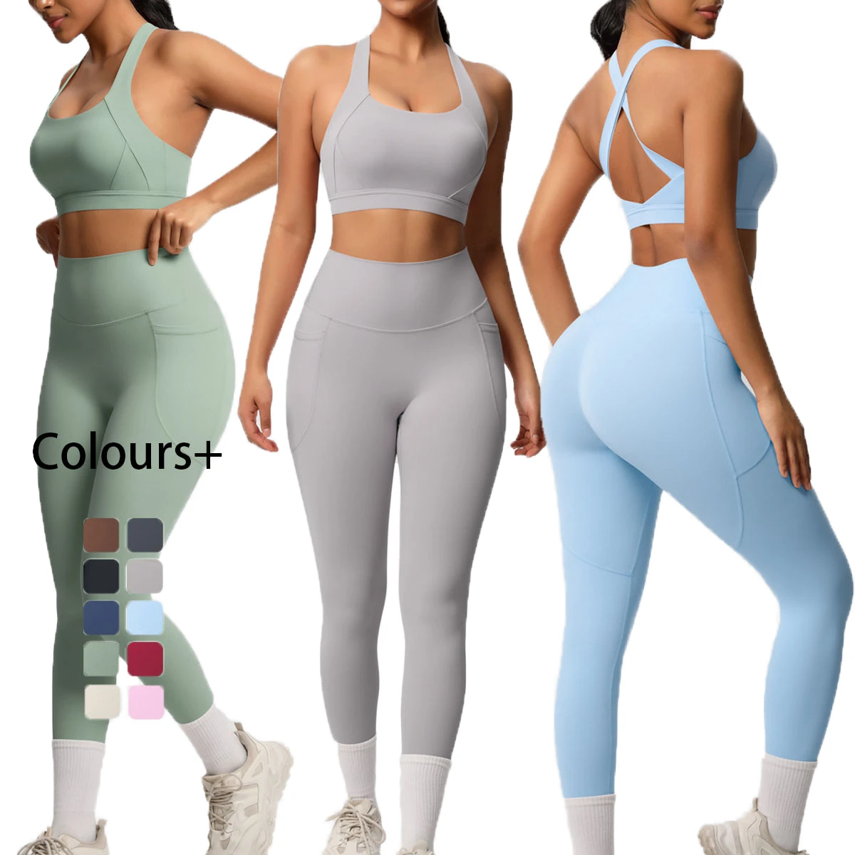 High Strength Two-Piece Yoga Pilates Sport Set Shockproof Run Bra with Front Logo Breathable Leggings Gym Workout Activewear